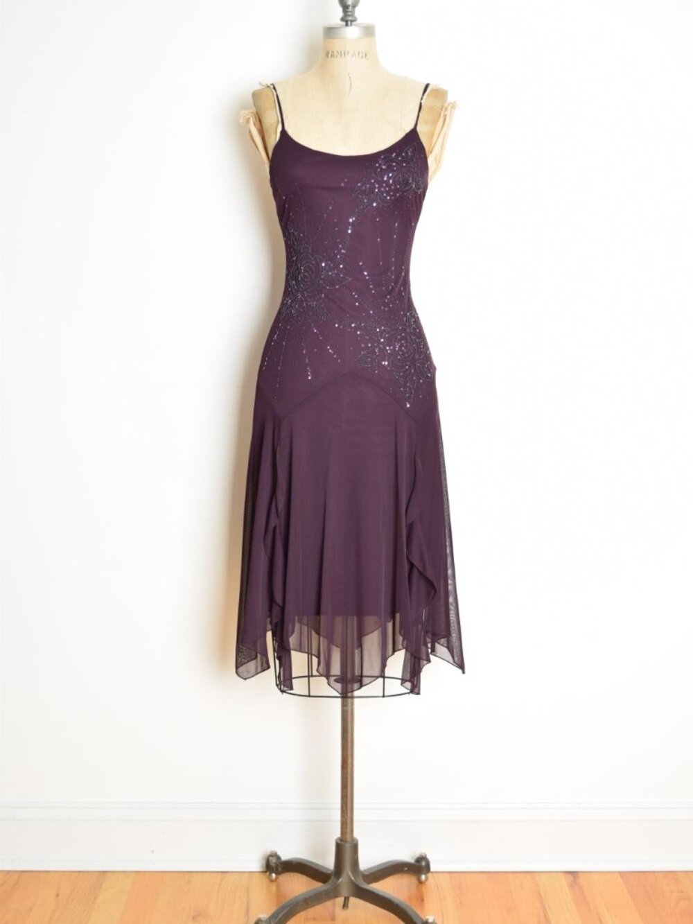 vintage Y2K party dress fairy whimsigoth sequin print hankie hem prom plum XS